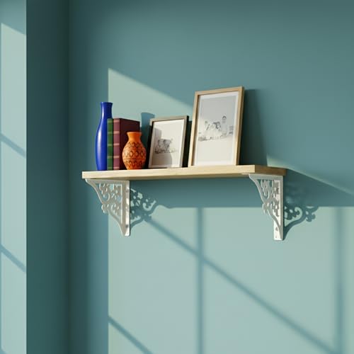 Image of Wall Shelf with Wooden Top Black|White Iron Brackets Storage Rack|Industrial Wall-Mounted Floating Shelf for Living Room,Kitchen,Bathroom (White Triple Floral Large)
