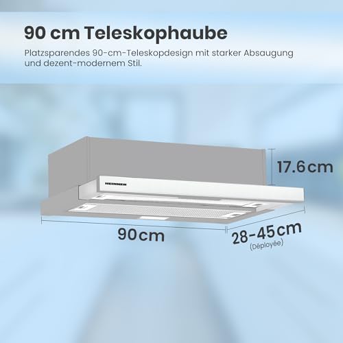 Heinner HTCH-490IX Fornello Da Incasso | Telescopio | Cappa Aspirante Da 90 Cm | Potenza Di Aspirazione 413,5 M³/H | Illuminazione A Led | 3 Livelli Di Velocità | Argento | 5 Anni Di Garanzia - 5