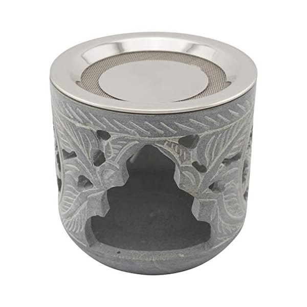 Räucherstövchen aus indischem Speckstein mit Edelstahl-Sieb und Metallscheibe – Design „Shiva – H 9 cm – Bild 3