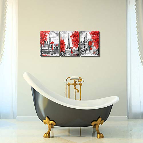 Dekhome 3 Piece Paris Canvas Prints Wall Art Black And Red Romantic Couple Wall Art Decor Eiffel Tower Big Ben Scenery Picture Artwork Ready To Hang For Bathroom Living Room Decoration 12"X16"X3Pcs #TOP2