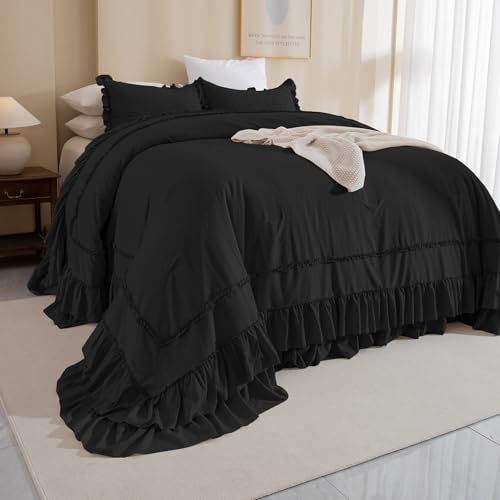 Image of QSH 3PCs Black Ruffled Oversized King Comforter 120x120,Farmhouse Shabby French Country Chic Ruffle Bed Comforter Set Boho Lightweight Ultra Soft Microfiber California King Comforter with Pillowcases