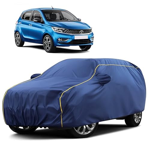 Image of Sulfar 100% Water Resistant Car Body Cover Compatible with Mirror for Tata Tiago (Triple Stitched, Full Bottom Elastic, Blue Taffeta with Yellow Piping)