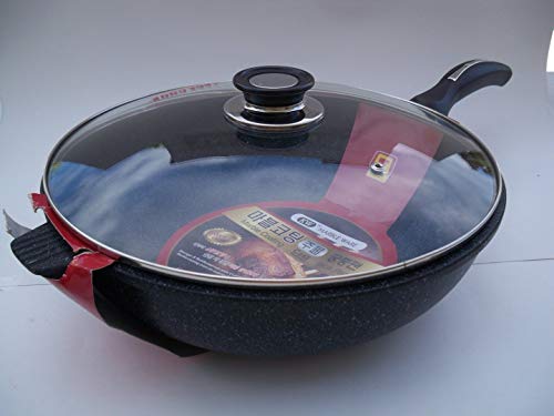 Image of Ceramic Marble Coated Cast Aluminium Non Stick Stir Fry Wok With Glass Lid (34 cm)
