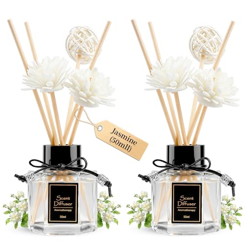 Image of TonJin 2PCS Jasmine Reed Diffuser Set 50ml with 6 Scent Sticks, Exotic Floral Home Fragrance, Natural Scented Oil Sticks for Bathroom, Living Room & Bedroom | Non-Toxic Air Freshener