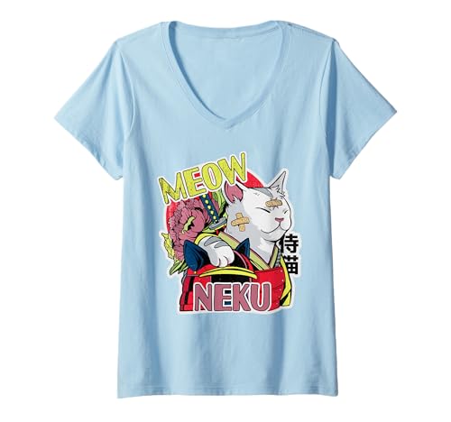 Womens Japanese Anime Cat Samurai. Manga Anime Neku Cat V-Neck T-Shirt