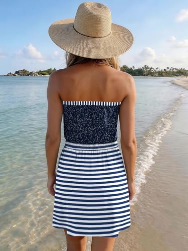 Image of SAUKOLE Summer Dresses for Women Bandeau Strapless Smocked Elastic Waist Sundress Tube Mini Dress with Pockets