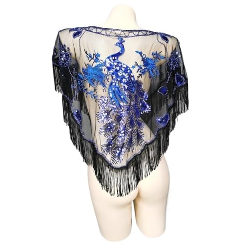 UGLYAF Costume de Danse du Ventre à Paillettes for Femmes, écharpe de Hanche, Broderie, châle à clapet, écharpe de soirée, Cape de Mariage, Transparente, fête, écharpe à Franges(Royal Blue Phoenix) – vue 3