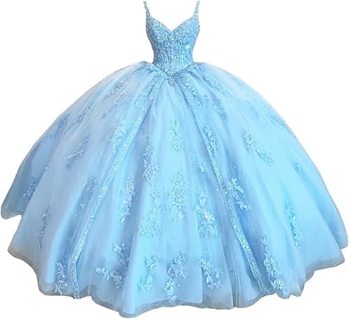 Tulle Lace Applique Quinceanera Dresses V Neck Beaded Ball Gown Spaghetti Straps Sweet 16 Dresses for Teens