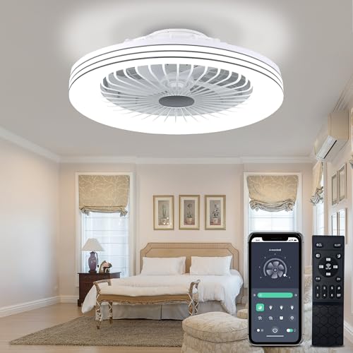 GOTEFULL 24" Low Profile Bladeless Ceiling Fan with Light, Enclosed Flush Mount Remote/APP Control, 3CCT Dimmable Light, Quiet 6 Speeds Timing Reversible