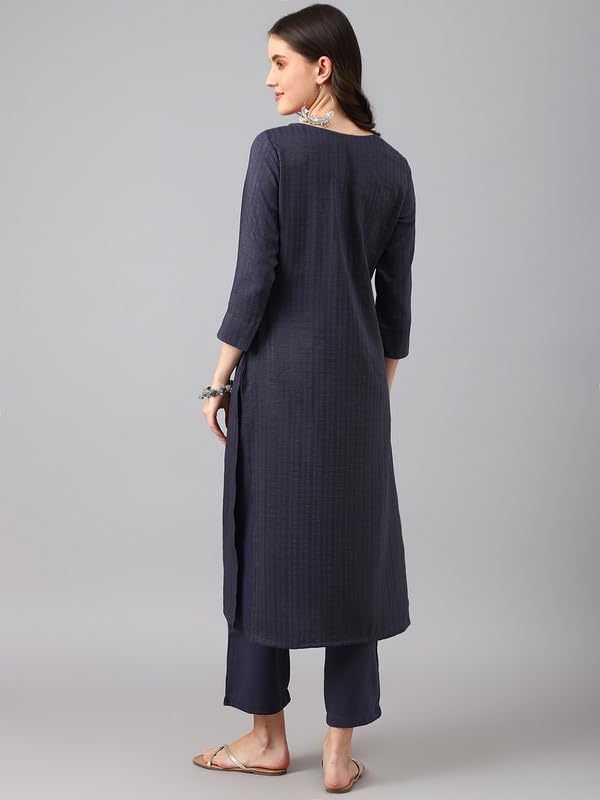 Image of Hritika Women's Viscose Kurti and Pant Set | Calf-Length Striped Kurta Set with Round Neck & 3 /4 Sleeves | Button Closure (HRKR2 HRKB0048DGRY XS)