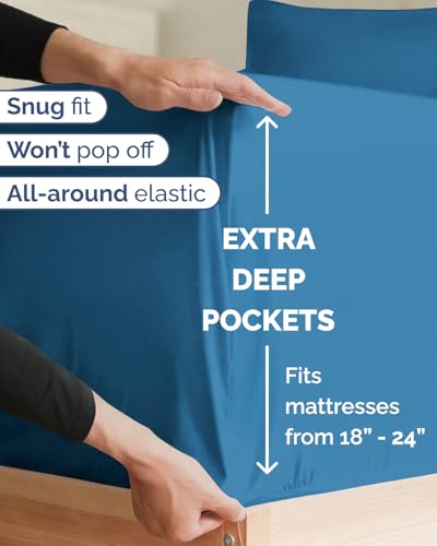 Image of Extra Deep Twin XL Sheet Set - 4 Piece Breathable & Cooling - Denim Blue | Hotel Luxury Bed Sheets Set, Easy & Secure Fit, Ultra-Soft, Wrinkle & Fade Free, Comfy Sheets Set with Extra Deep Pockets