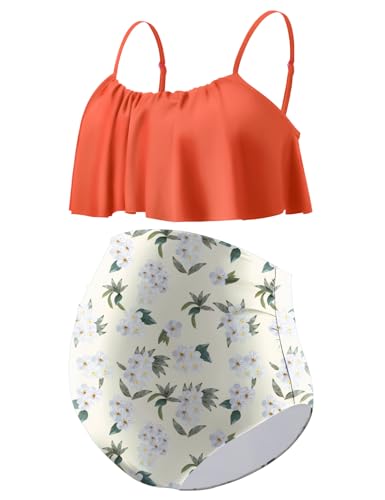 Debelly Womens Ruffled Pregnancy Swimsuit Maternity Bikini Set Two Piece Side Ruched Bathing Suits Mama Swimwear High Waisted,White Flower,M cover