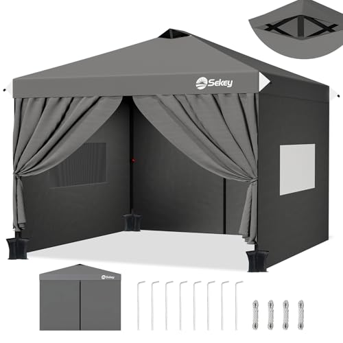 Sekey Pop Up Pavillon 3x3 Wasserdicht Stabil Winterfest, Faltpavillon 3 x 3 m, Camping Pavillion Faltbar Partyzelt mit Seitenwänden, Höhe Verstellbar in 3 Stufen, (Grau, Höhe 270)