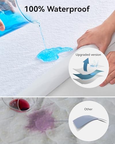 Full Size Cooling Mattress Protector Pad Bed Cover, Breathable Fitted Sheet Style Deep Pocket Soft Noiseless Waterproof Matress Protector Full for Pets Kids Adults