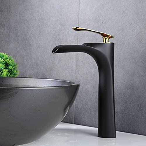 Bathroom Vessel Sink Faucet Black/Gold Waterfall Spout Tall Body Single Hole Bathroom Lavatory Vanity Faucets One Handle Commercial Taps Gudetap Gt2204Bg #TOP2