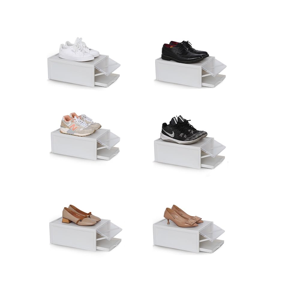 LENDISShoe Box Stackable Shoe Box Storage Containers, Sliding Drawer, Push Pull Clear Plastic Clear Box for Women, Sandals, Shoes, Sneakers, Beautiful Organizer (6 Pack)