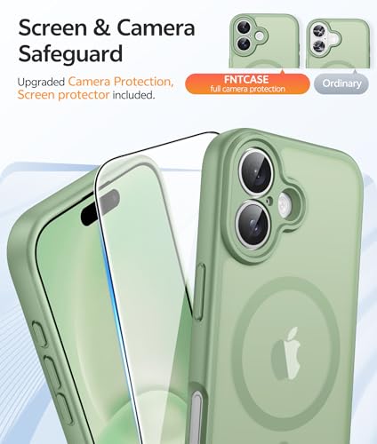 Image of FNTCASE for iPhone 16 Case: [Compatible with Magsafe] Translucent Matte Cases with [Full Camera Protection] [Screen Protector] Military Grade Shockproof Protective Phone Cover - Light Moss