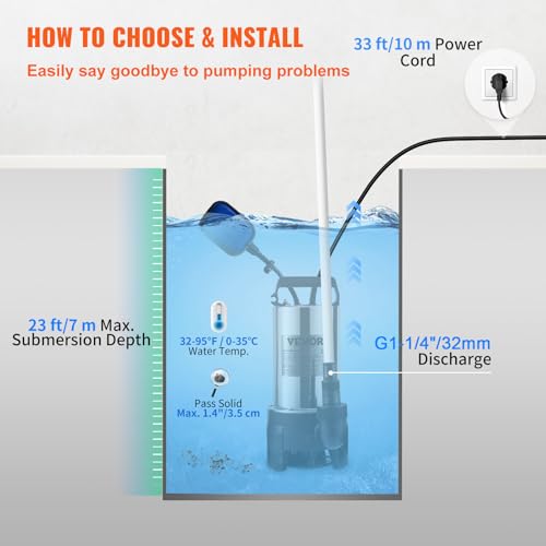 Vevor Pompa Sommersa Elettrica Da Drenaggio Per Acqua Sporca 1100W Da Giardino Laghi Pozzo, Elettropompa A Immersione Per Drenaggio Di Acque Sporche Nere Scure 2,7A 1100W Per Piscina Giardino Pozzetto - 6