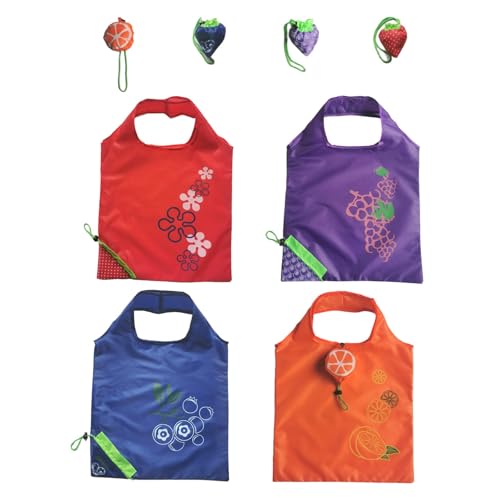 Image of 4Pack Foldable Reusable Shopping Bags Fruit Pattern Tote Bags with Drawstring Large Capacity Waterproof Machine Washable Grocery Bags Compact Portable for Travel Picnic Beach Gym Daily Use (A)