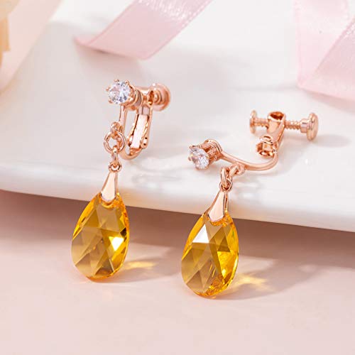 Teardrop Austrian Crystal Drop Clip On Dangle Earrings For Women Non Pierced 14K Rose Gold Plated Hypoallergenic Jewelry (Yellow Golden) #TOP2