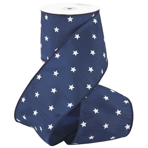 MEEDEE 4 Inch Navy Blue Dupioni Wired Ribbon 10 Yards White Star Ribbon Wide Patriotic Star Pattern Ribbon for 4th of July Wreaths Big Bows Gift Wrapping Memorial Day & Americana Dcor