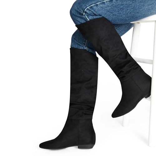 JustFab Women's Pointed Toe Tall Chunky Heel Knee High Fashion Boots - ISSEY4