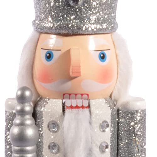 Ciao Christmas Nutcracker Toy Soldier King with Scepter (24cm) Wooden Glittery Decoration, Silver/White