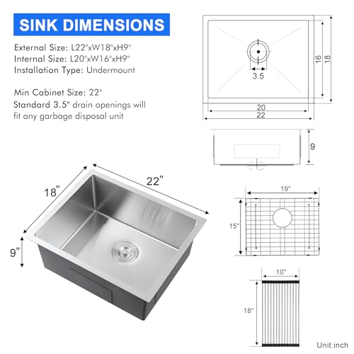 MENATT 22x18 Inch Undermount Kitchen Sink, T-304 Stainless Steel Single Bowl with 3mm Thickened Flange & Roll-up Drying Rack, 9" Deep for Indoor/Outdoor Bar, Laundry Room by MENATT - Image 3