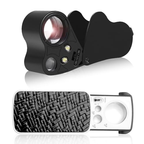 yotutun Lupa de joyero de 2 unidades, 30 x 60 x 90 x LED, plegable, con luz UV, lupa de bolsillo iluminada, lente de aumento para piedras preciosas, monedas, diamantes, sellos antigüedades