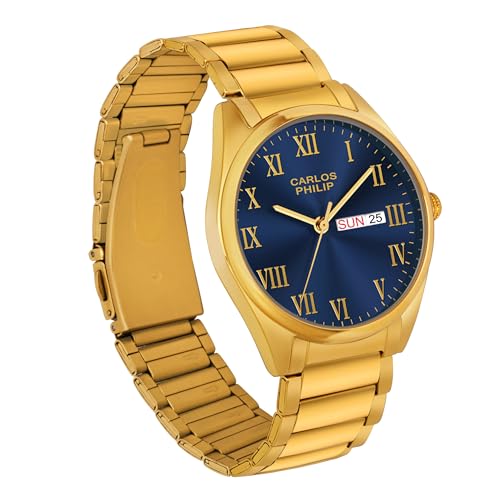 Image of Carlos Philip Men's Roman Numeral Analog Watch - Day and Date Display, Stainless Steel Strap, Quartz Movement, Business Style Watch for Men