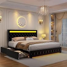 إطار سرير GEGOFORU LED كامل مع 4 أدراج تخزين، مع أضواء LED RGBW للتحكم الذكي، لوح أمامي ولوح قدم، لون DIY للتحكم، صندوق زنبركي اختياري، أسود مخملي