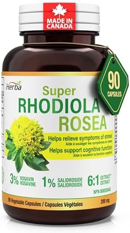 Herba Rhodiola Rosea Supplement 200mg - 90 Capsules | 6:1 Extract | Rhodiola Supplement with Min 3% Rosavins and 1% Salidrosides | Help Relieve Symptoms of Stress | Made in Canada