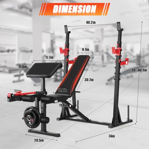 Olympic Weight Bench Adjustable Weight-Lifting Workout Bench with Barbell & Squat Rack, Leg Extension, Preacher Arm Curl Pad Multi-Function Bench Press Set for Home Gym Full Body Workout - Thumbnail 7