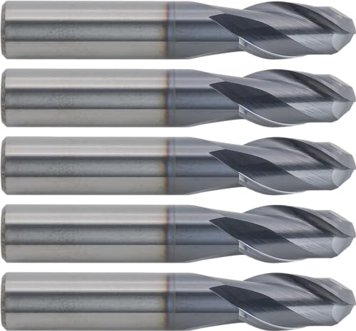 5 pcs Solid Carbide End Mills, Ball Nose, TiAlN Coated, 1/2
