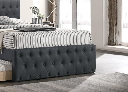 GOWE Cama de solteiro contemporânea com ripas de rodízio, botão estofado de serapilheira de carvão v