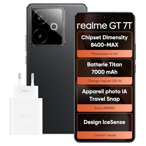 realme GT 7T Smartphone, 5G double SIM, 12 Go de RAM, 256 Go de stockage, écran AMOLED 6,8 pouces, chipset Dimensity 8400-MAX,7000 mAh, appareil photo AI...