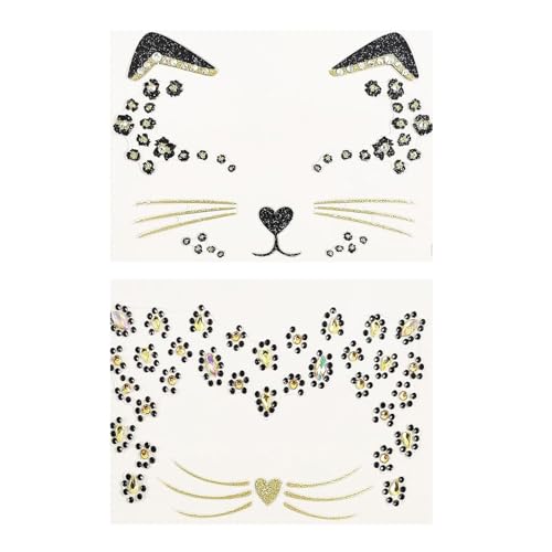 2 Piezas Pegatinas de Tatuajes Temporales Gatos, Pegatina Cara Halloween, Pegatinas Gemas Cara, Tatuajes Temporales Halloween, Gatos Tatuaje Temporal Cara para Halloween Carnaval Cosplay (A)
