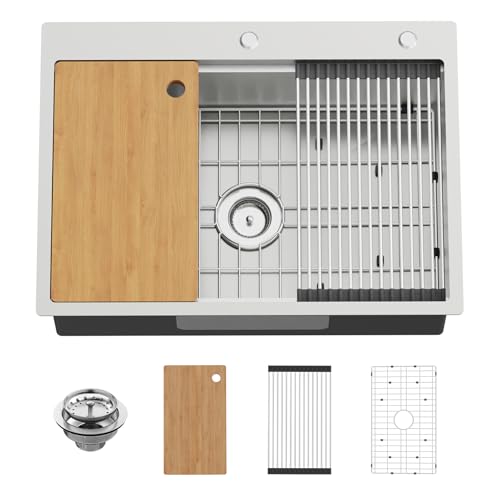 30x22In Drop In Kitchen Sink Workstation- Stainless Steel Topmount Modern Large Single Bowl Workstation Sink Come With SS Grid,Drying Rack,Cutting Board,Drain Assembly For Various Kitchen Style