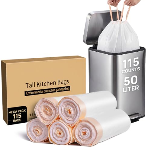 Meidong 115Counts Bin Bags 50L Bin Liners, Drawstring Trash Bag Large Strong Unscented Universal Garbage Bags (5 Rolls, 61cm X 70cm, 0.79min), White