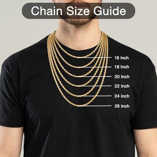 Italian Quality 14k Gold Plated Rope Chain for Men, 3mm 4mm Stainless Steel Necklace for Men, Sturdy & Non Tarnish Rope Chain Necklaces Mens Jewelry Gift 16 18 20 22 24 26 Inch3