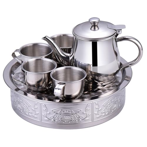 Eyccier Kids Tea Set Includes Portable 330ml Stainless Steel Long Spout Teapot with Filter Screen, 4 70ml Cups and Tray for Children Gifts.