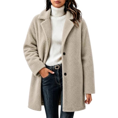 YMADREIG Teddy Jacket Women Notch Lapel Collar Button Down Fleece Coat - image 1
