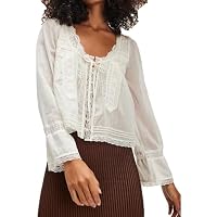 Women Tie Front Long Sleeve Top Lace Trim Button Shirt Square Neck Loose Blouse Going Out Y2k Coquette Clothes, White, M