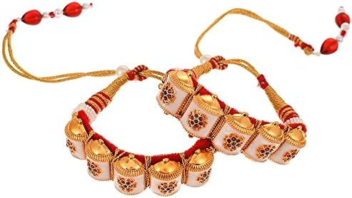 sanjog Women's Brass Metal Rajasthani Look Golden Pochi Armlet Bangle Kada in Cream Hues, Kundan Work