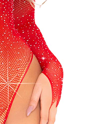 FasiCat Lingerie feminina sexy de renda flexível arrastão, body de malha, Vermelho, One Size