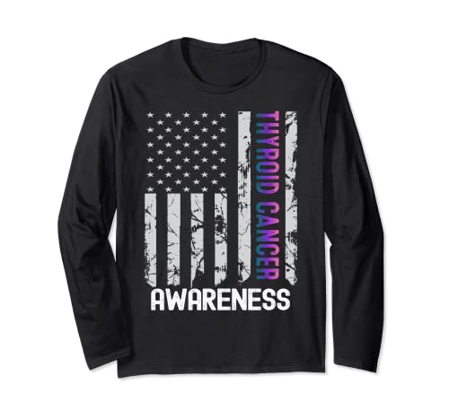 Drapeau américain vintage pour la sensibilisation au cancer de la thyroïde Manche Longue