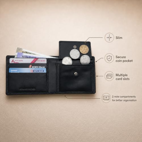 Image of Genuine Leather Wallet for Men with RFID Protection, Handwoven Slim Bifold Money Wallet, 3 Card Slots, Coin Pocket, Dual Note Compartments, Compact Wallet for Office, Travel & Daily Use