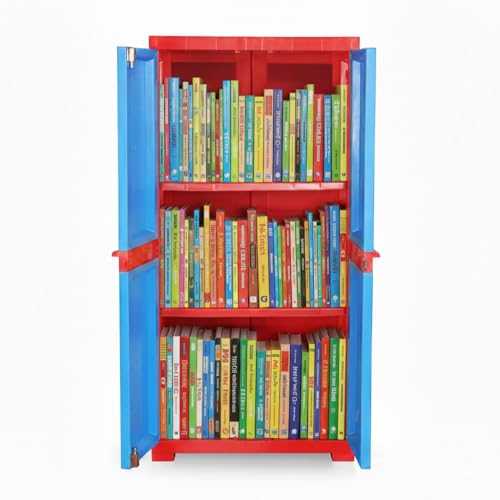 Image of Cello Novelty Big Bookshelf, Red & Blue | 2 Dustproof Doors | Space Saving Cupboard | Plastic Book Shelf | Multipurpose Book Shelf for Home, Office | Book Organizer for Library