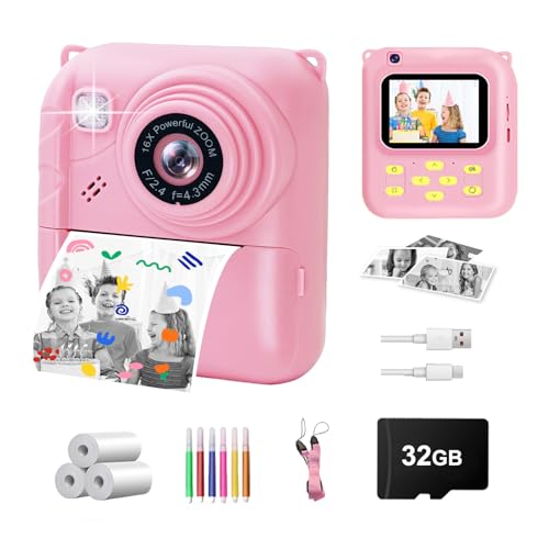 Image of Instant Print Camera for Kids, 1080P Video Camera with 3 Print Rolls | 32GB Card & Cute Cover, Gift for Girls Boys Age 3-12, Toddler Digital Camera with Games, Filters, Music - Pink