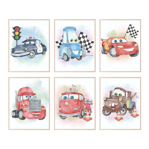 Image of BigWig Prints Cars Poster Set - Cars Room Decor for Boys And Girls, Lightning Mcqueen Room Decor, Wall Art for Kids Bedroom, Sheriff Guido Lightning McQueen Mack Red Mater - 6 Pack (8x10”) Unframed